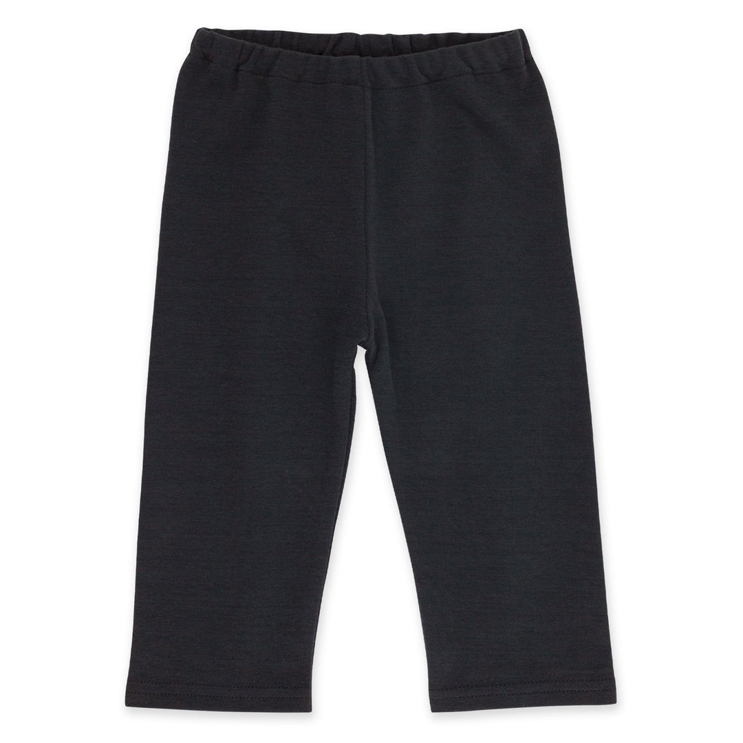 A pair of black organic cotton baby pants with an elastic waistband, designed for infants.