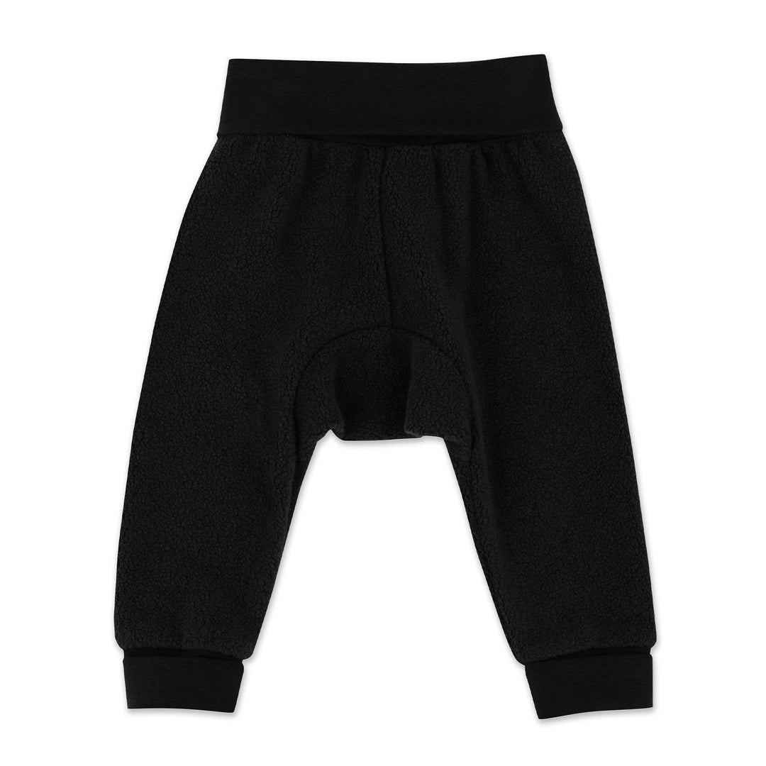 Black fleece baby cuff pant with ribbed cotton waistband and cuffs.