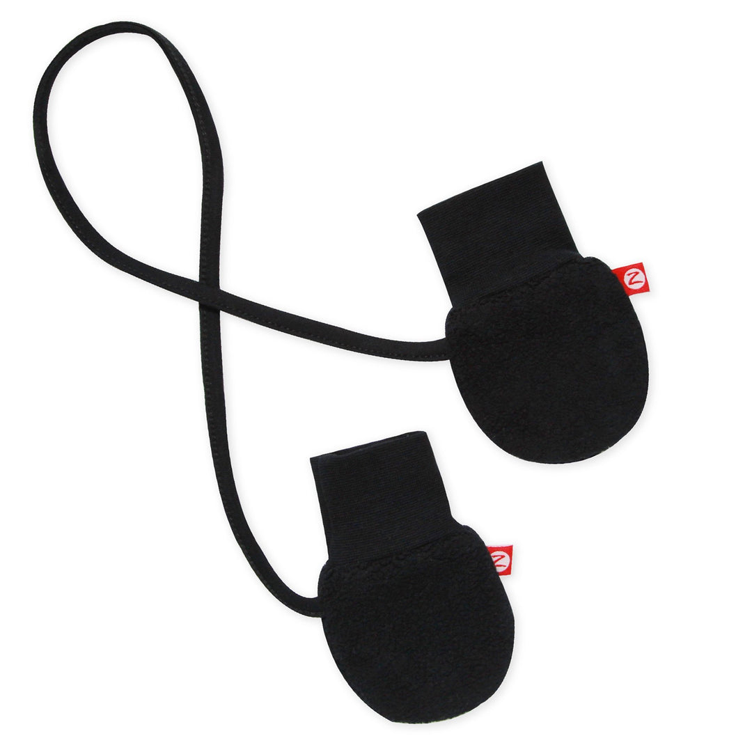 A pair of black fleece mittens with a string attached, designed for infants.