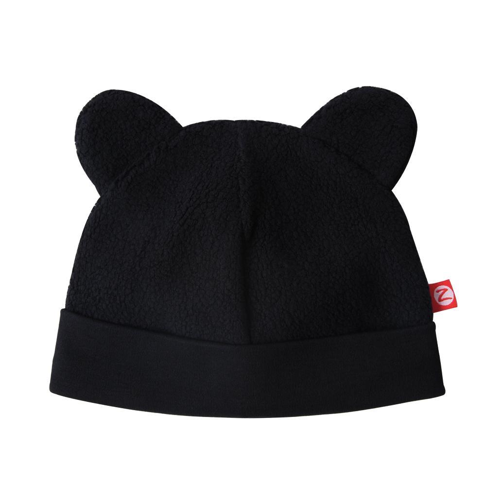 A black fleece winter hat for babies with adorable ears resembling a bear's face.