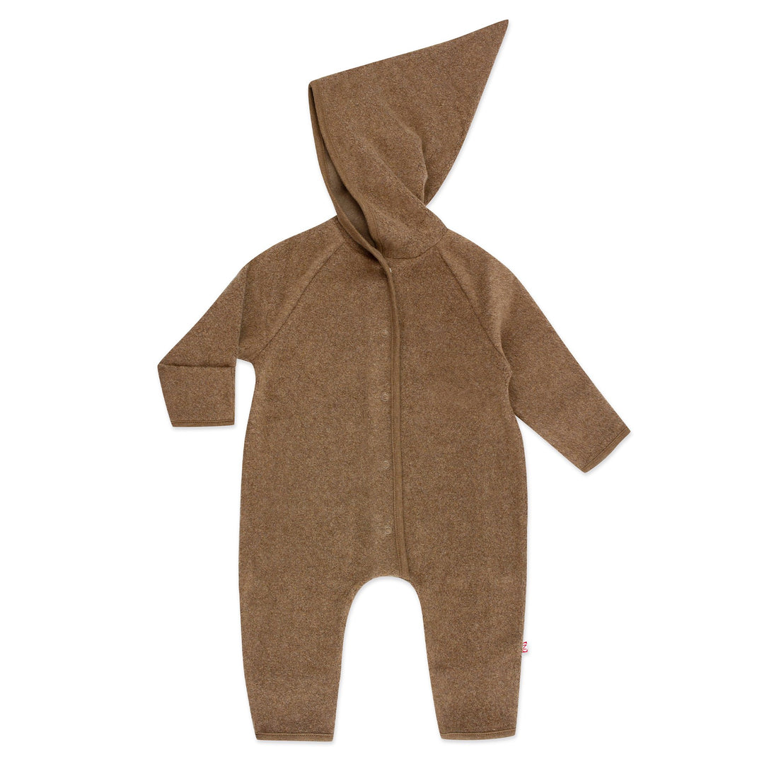 A brown one-piece cozie elf suit for babies with a hood, long sleeves, and fold-over cuffs.