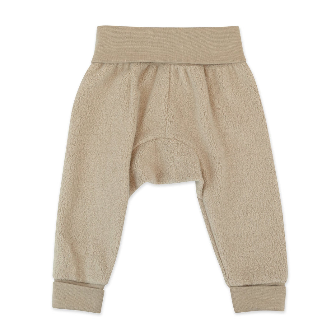Khaki colored baby fleece pants with ribbed cotton waistband and cuffs.