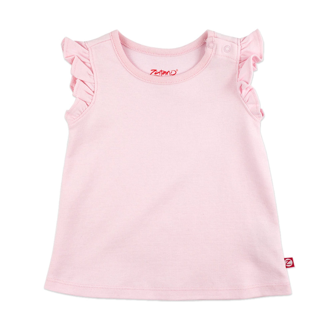 A baby pink organic cotton flutter sleeve top with a two snap shoulder opening.
