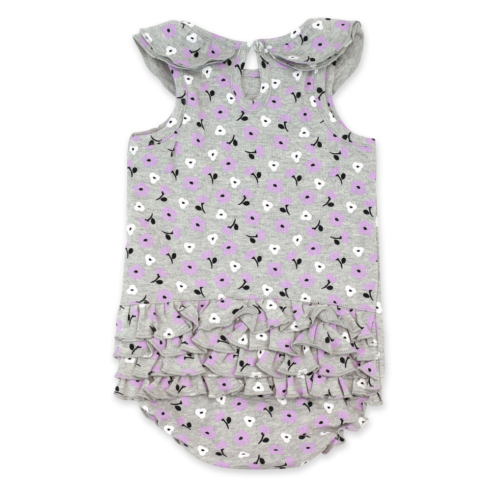 Organic cotton ruffle romper for baby girl with a Primrose print in heather gray.