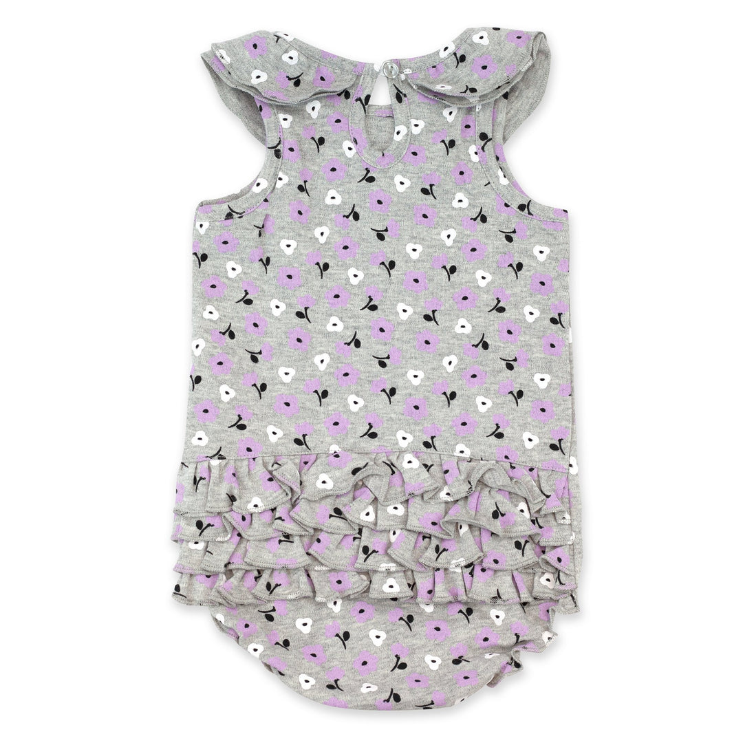 Organic cotton ruffle romper for baby girl with a Primrose print in heather gray.