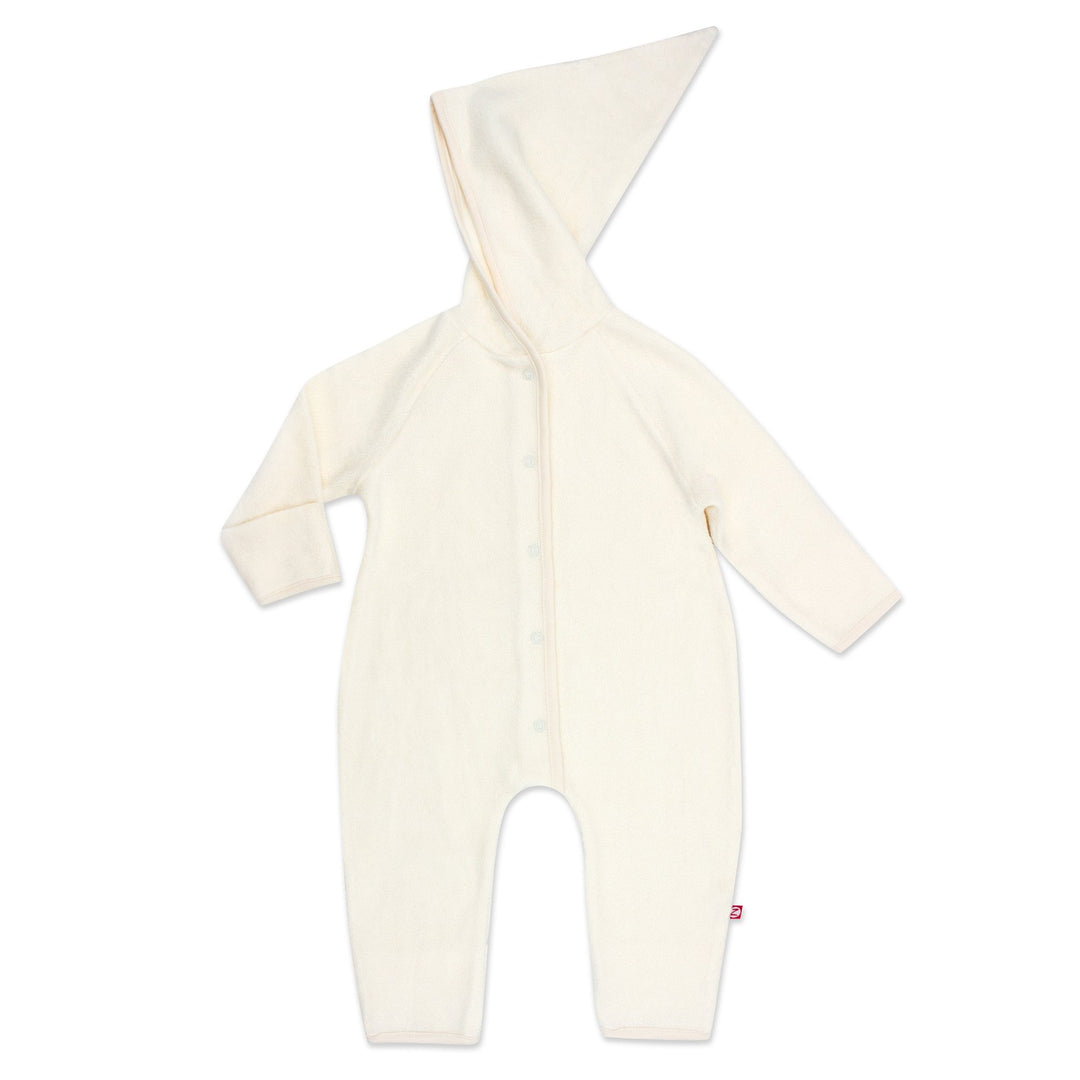 A one-piece cream-colored cozie elf suit for babies, displaying the back view with the hood on and the suit laid flat.