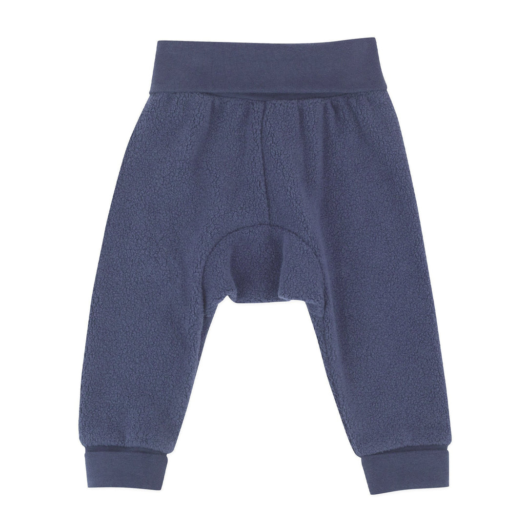 Denim navy colored fleece baby cuff pant with ribbed waistband and cuffs.