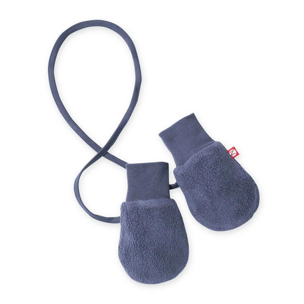 A pair of denim navy colored fleece mittens with a cuff, connected by a string designed to be looped through jacket sleeves.