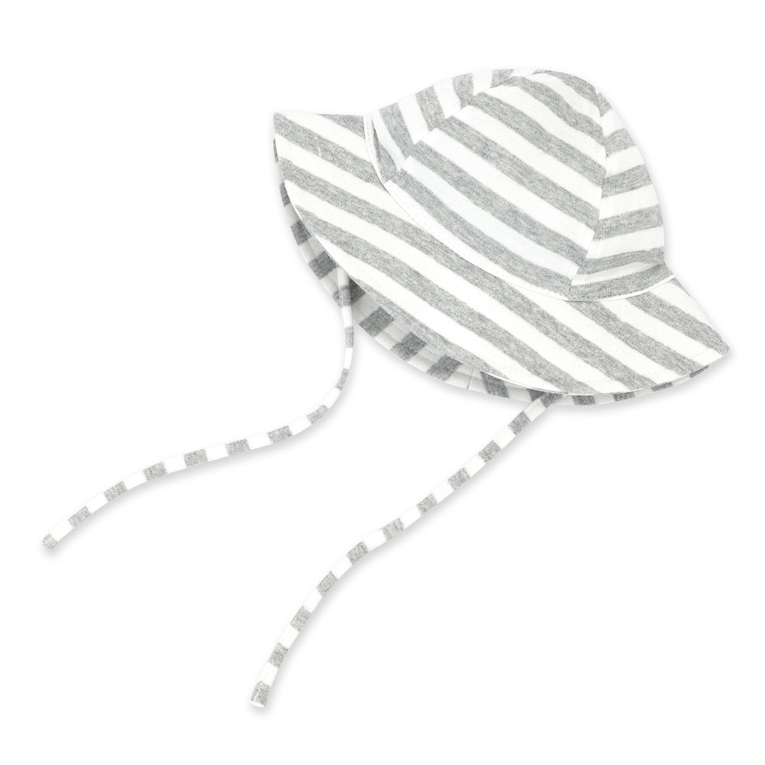 A heather gray and white striped organic cotton sun hat with a wide brim and chin ties.