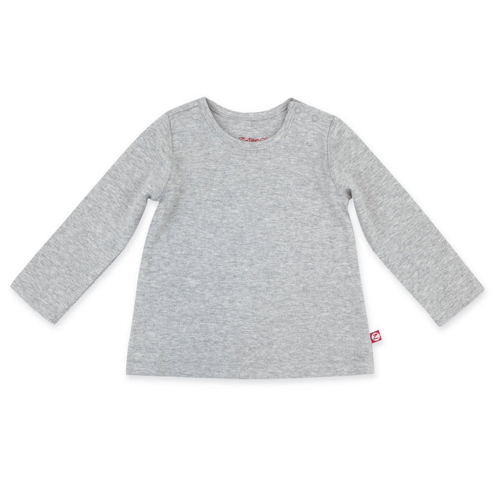 A long sleeve heather gray baby girl's shirt with a flared body.