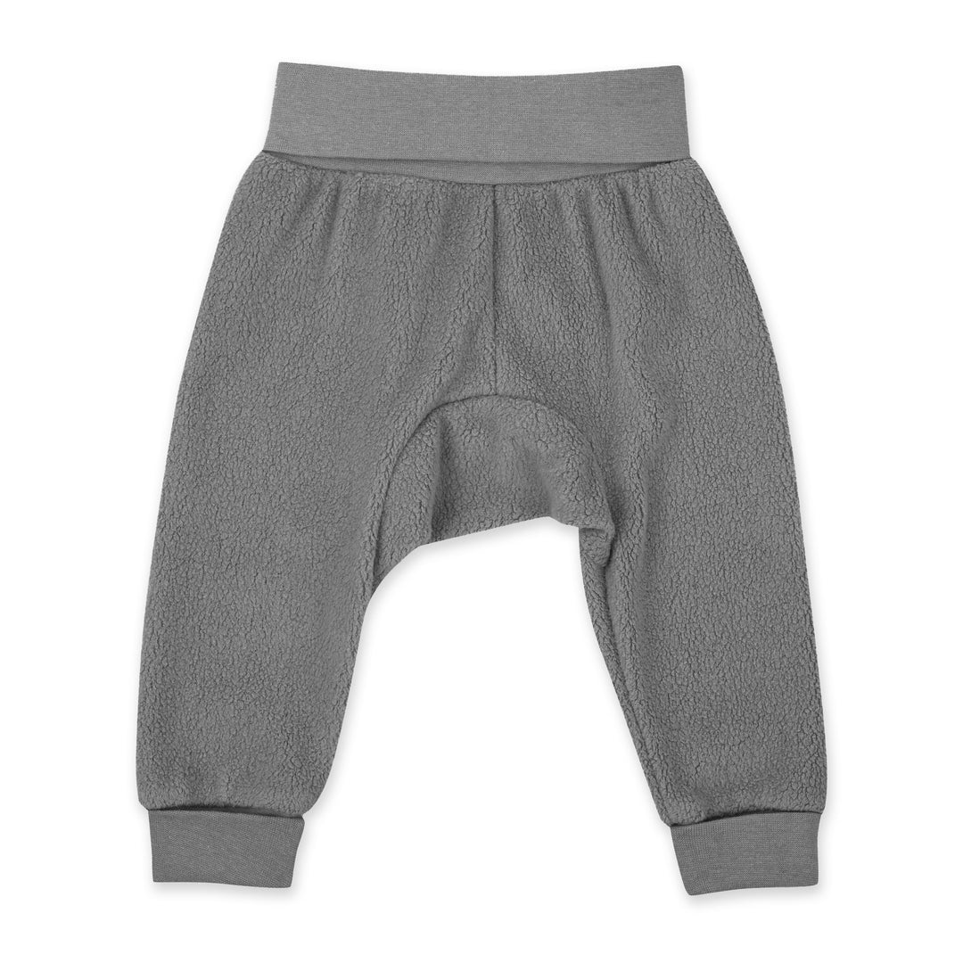 Gray fleece baby cuff pants with ribbed cotton waistband and cuffs.