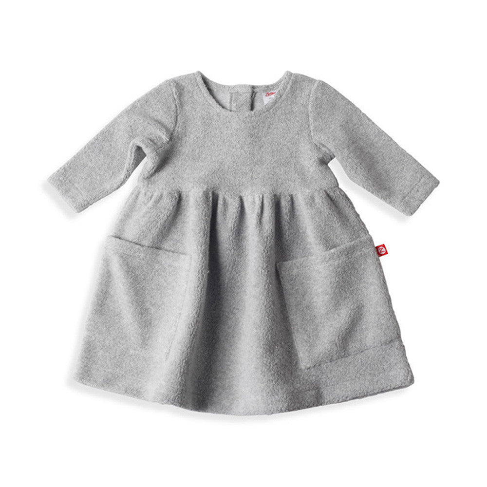 Heather gray fleece baby dress with long sleeves, two front patch pockets, and a button opening at the back
