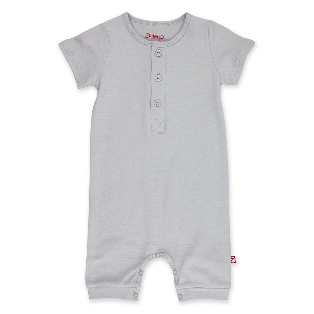 A short-sleeved light gray henley bodysuit for babies with three front buttons and a snap opening between the legs.