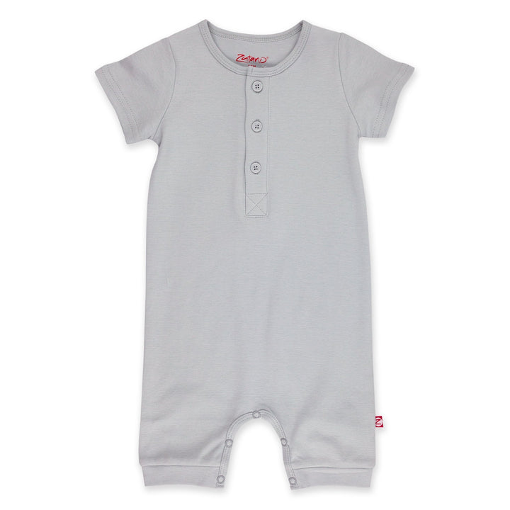 A short-sleeved light gray henley bodysuit for babies with three front buttons and a snap opening between the legs.