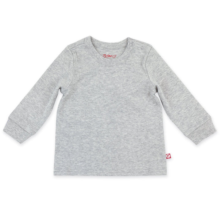 A heather gray long sleeve crewneck t-shirt for a baby, with no visible brand tag.