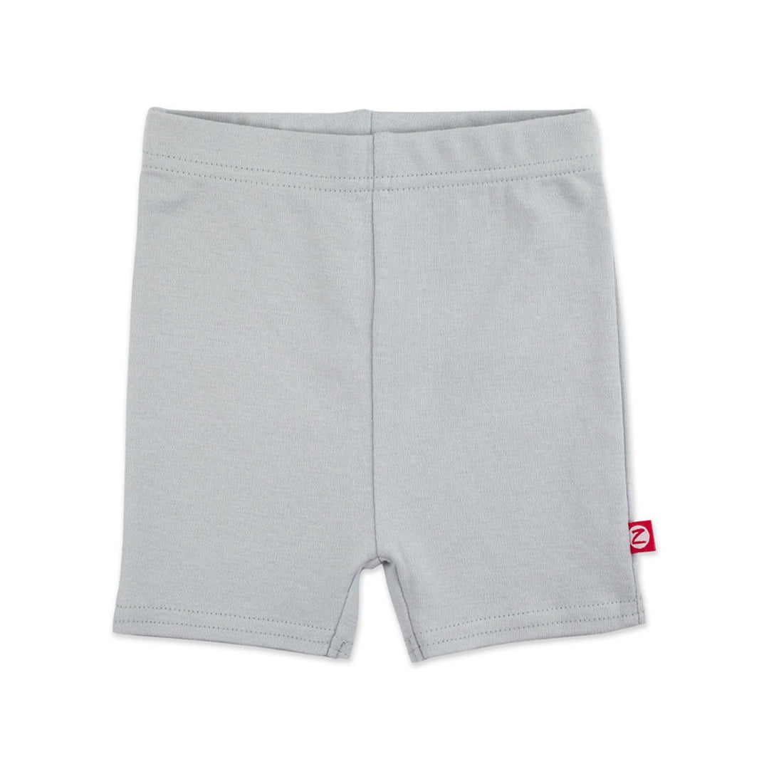 Light gray organic cotton bike shorts for babies, with a thick elastic waist band.