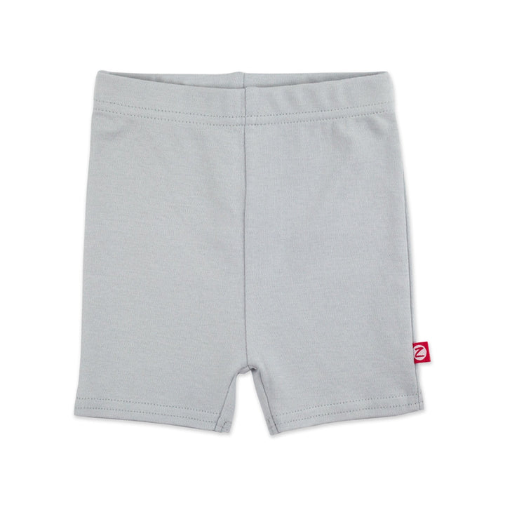 Light gray organic cotton bike shorts for babies, with a thick elastic waist band.