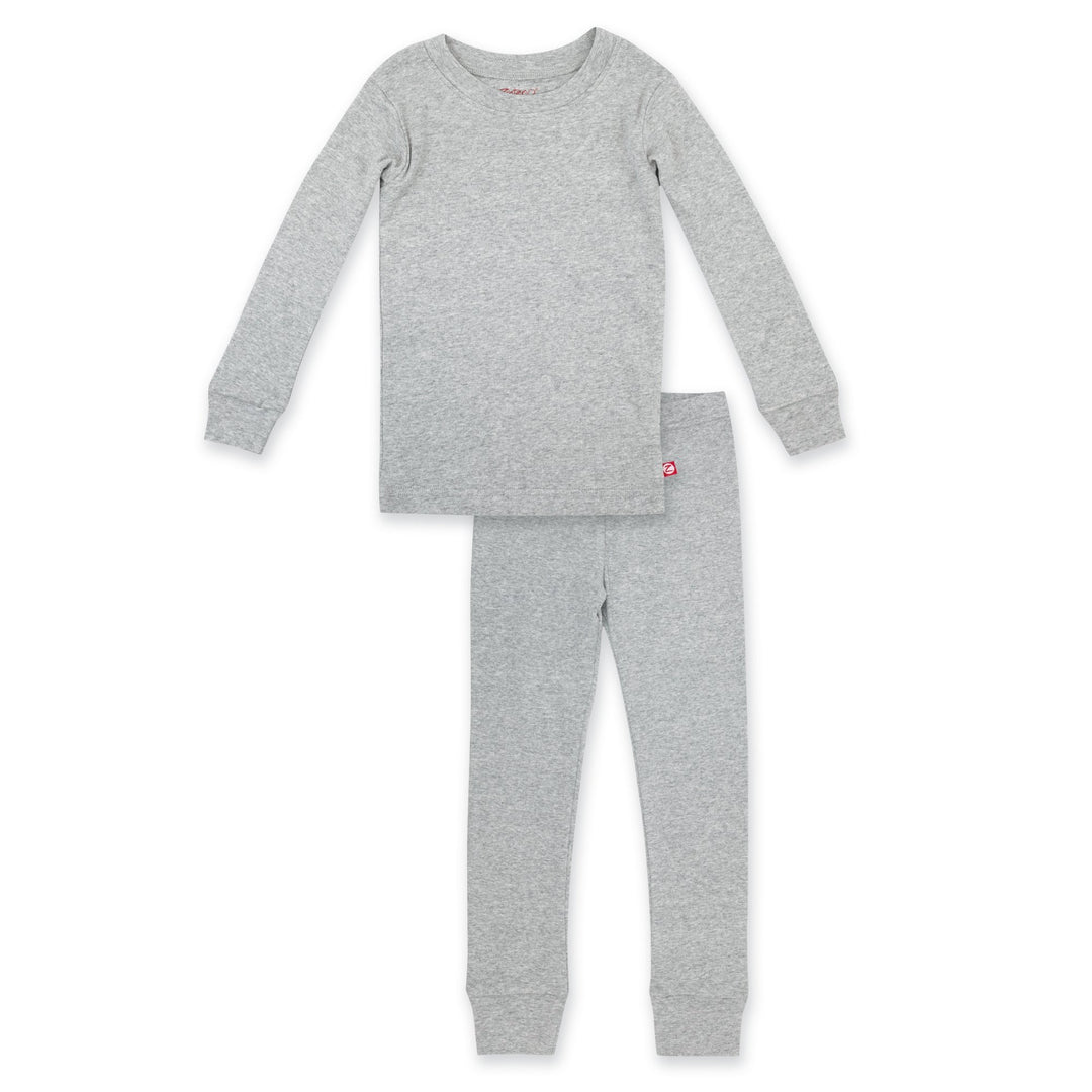 A set of heather gray organic cotton pajamas for children, including a long sleeve top and matching bottom pants.