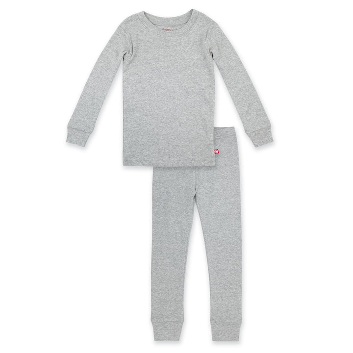 A set of heather gray organic cotton pajamas for children, including a long sleeve top and matching bottom pants.
