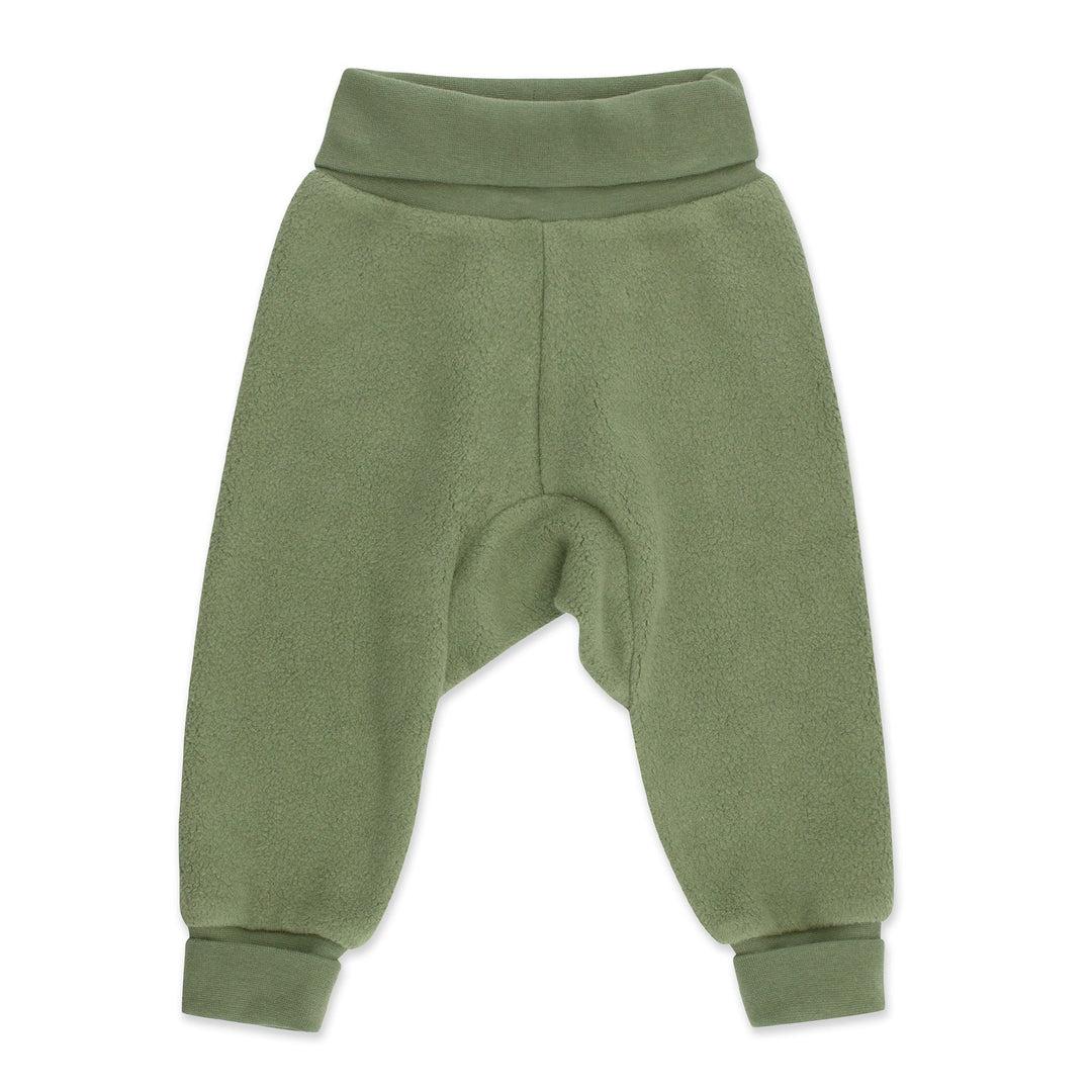 Green fleece baby cuff pants with ribbed cotton waistband and cuffs.