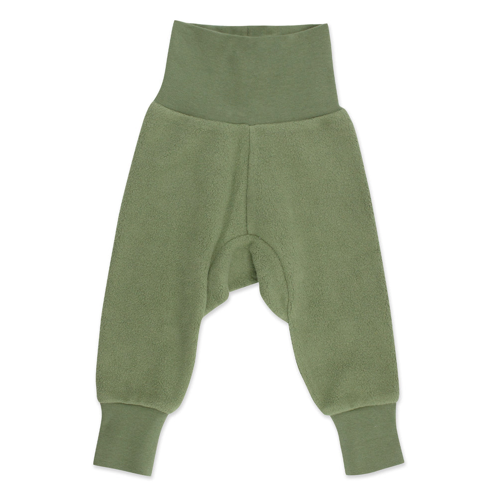 Green fleece baby cuff pants with ribbed cotton waistband.