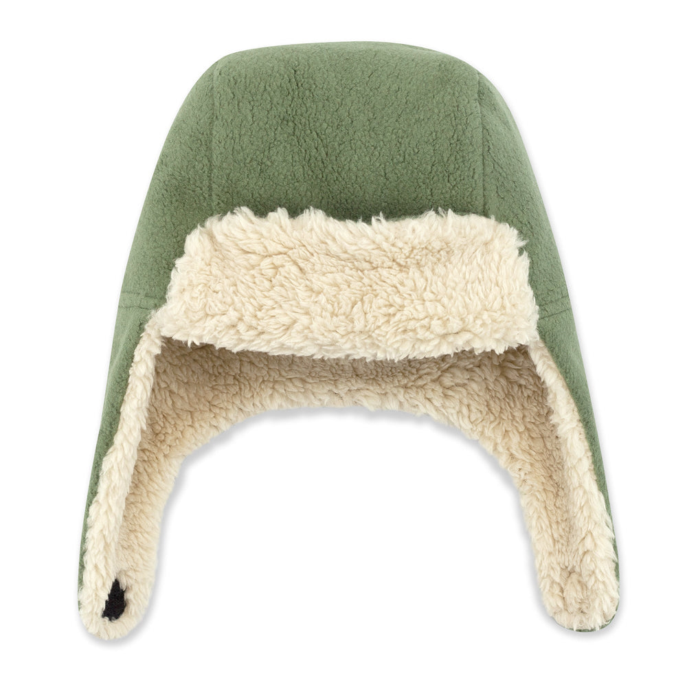 Green fleece trapper hat with a soft furry lining and ear flaps.