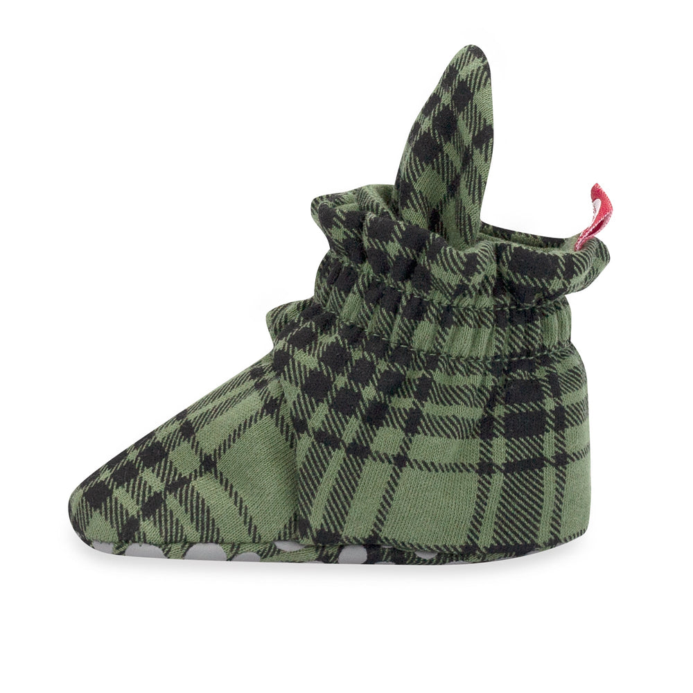 Green plaid organic cotton baby booties with rubber grippers on the bottom.