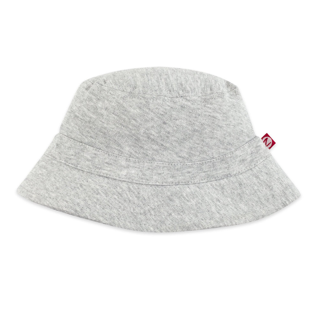 A heather gray baby bucket sun hat with a wide brim and a small red tag on the side.