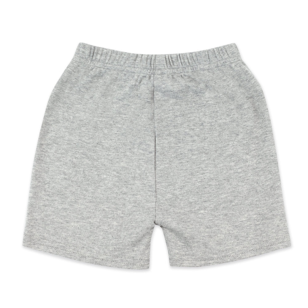 Heather gray organic cotton baby shorts with a elastic waistband.