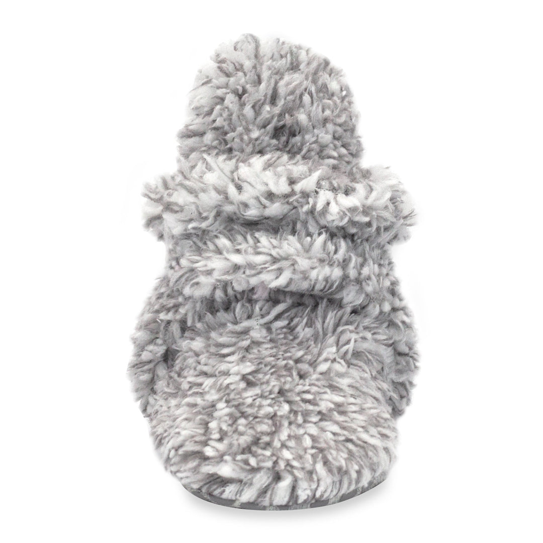 Heather gray faux fur baby booties with gripper dots on the bottom.