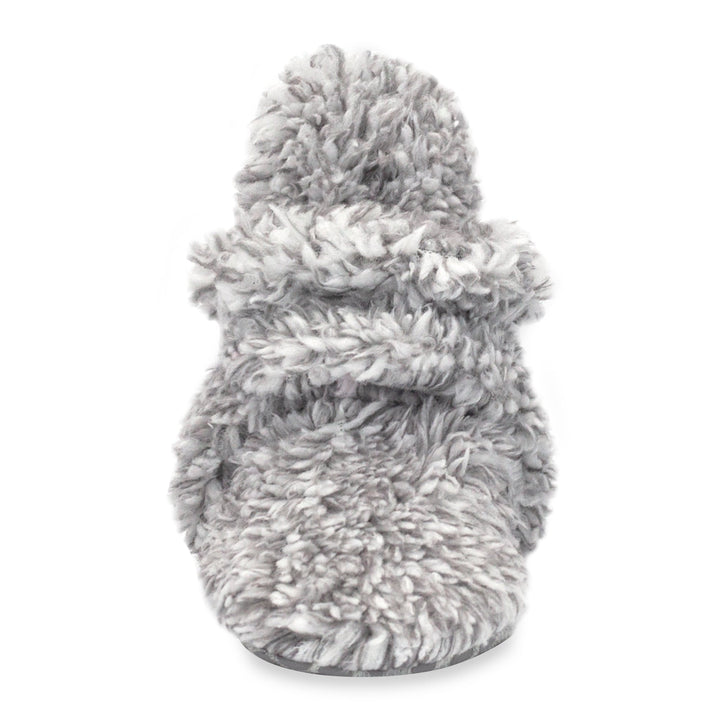Heather gray faux fur baby booties with gripper dots on the bottom.