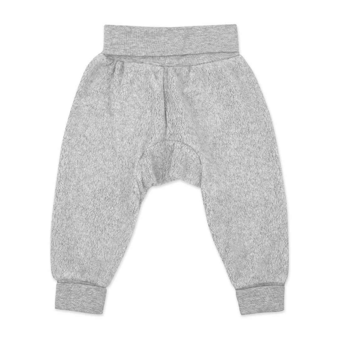 Heather gray fleece baby cuff pants with ribbed cotton waistband and cuffs.