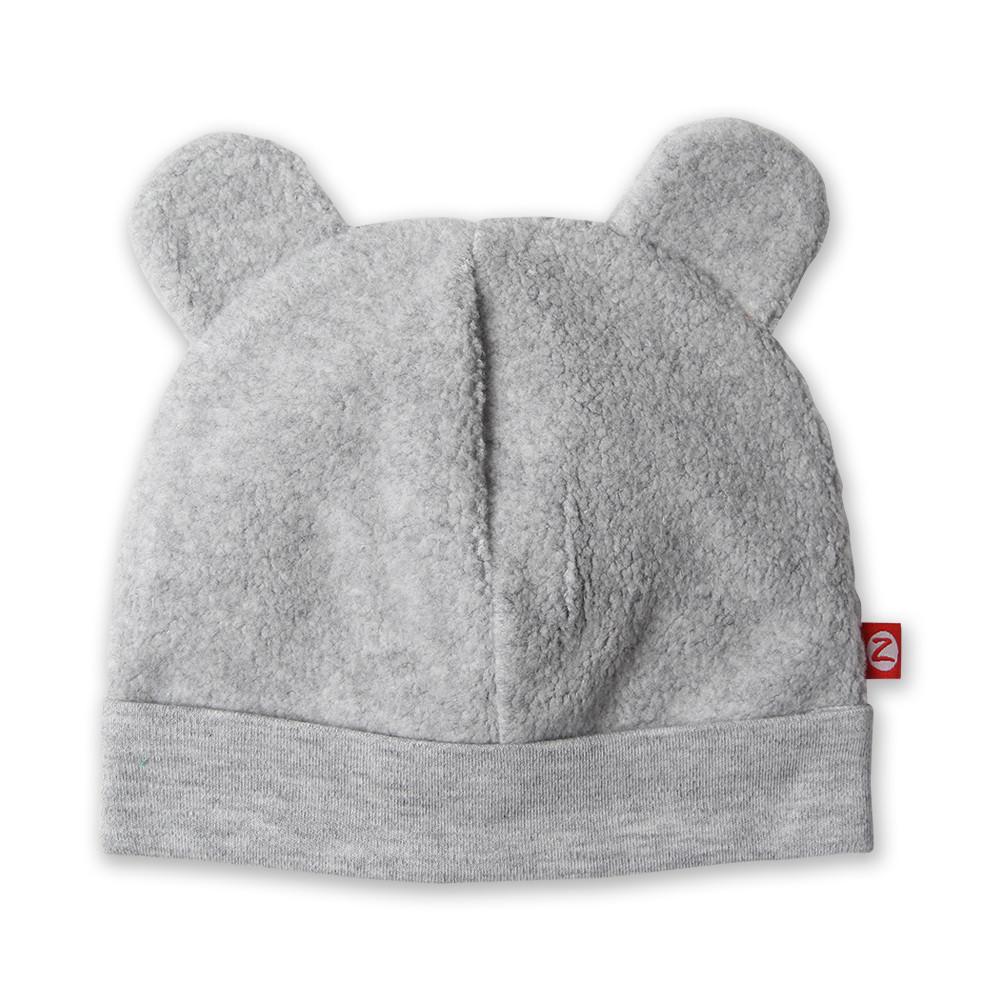 Heather gray fleece baby hat with ears resembling a bear's face.