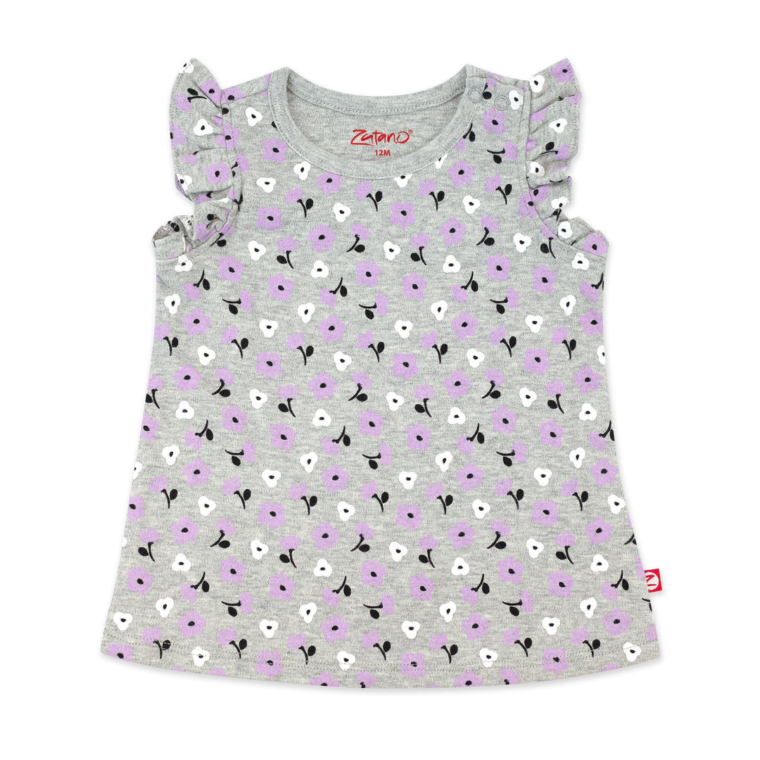 A heather gray organic cotton flutter sleeve top with a Primrose print, designed for baby girls.