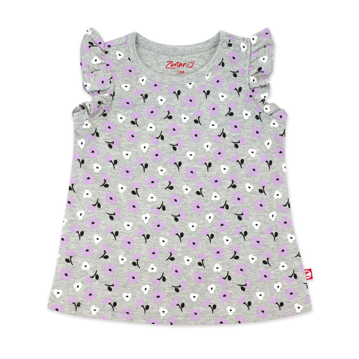 A heather gray organic cotton flutter sleeve top with a Primrose print, designed for baby girls.
