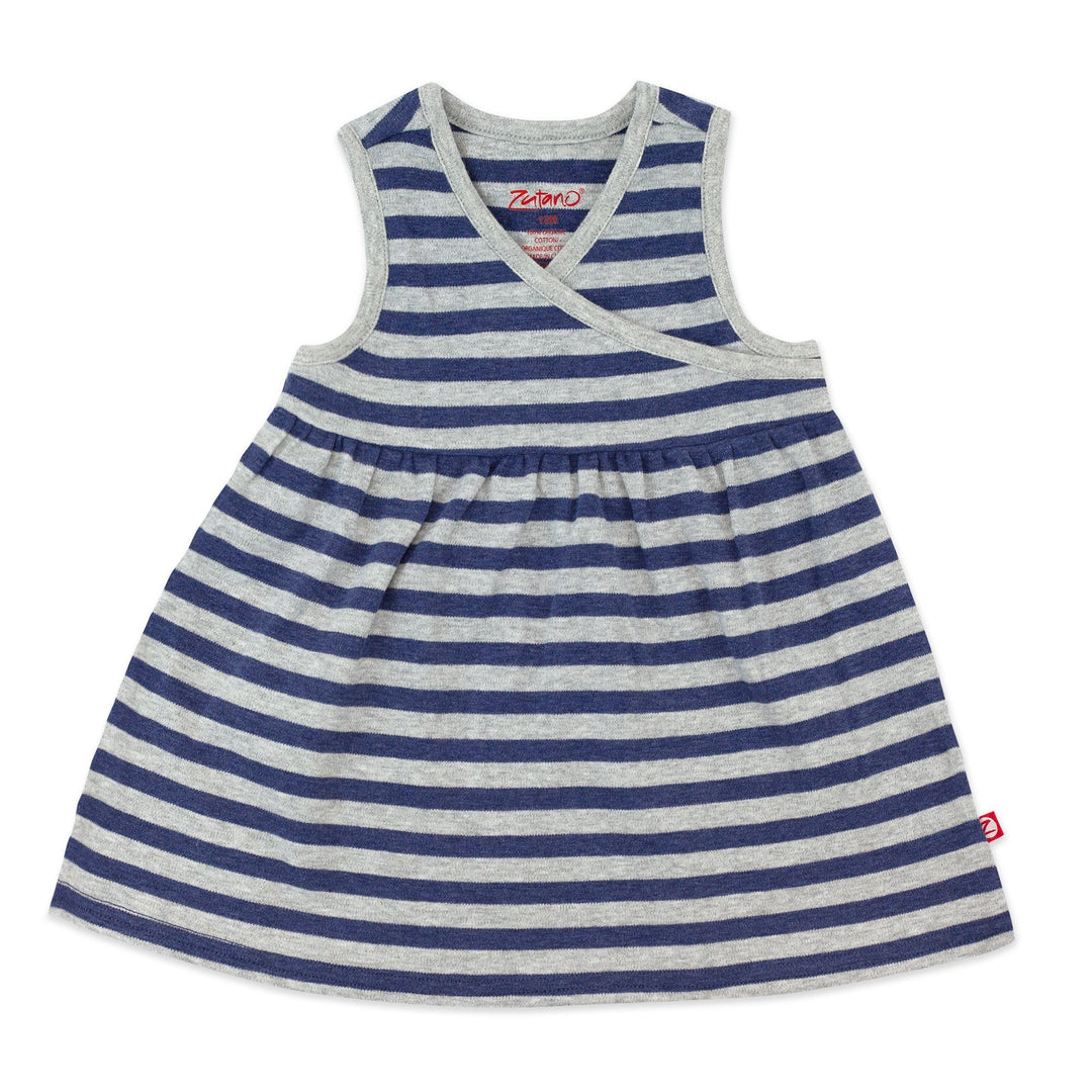 A heather navy and gray striped organic cotton surplice dress for babies.