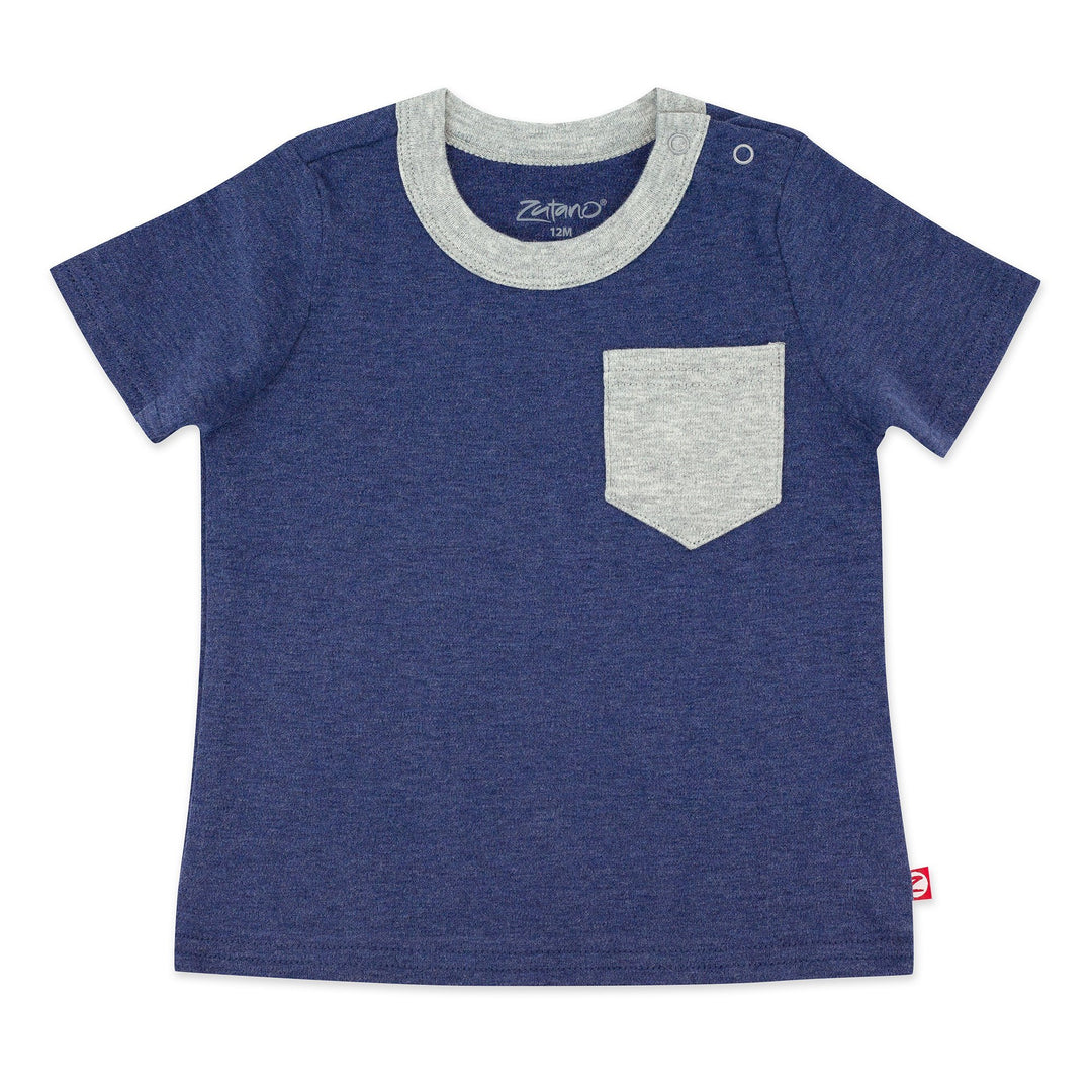 A heather navy colored organic cotton baby tee with a contrasting gray collar and front pocket, short sleeves, and a small brand tag visible on the bottom right.