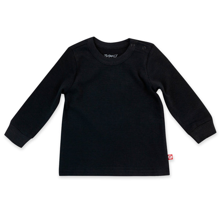 A long sleeve black crewneck t-shirt for babies with a visible brand tag on the bottom right.