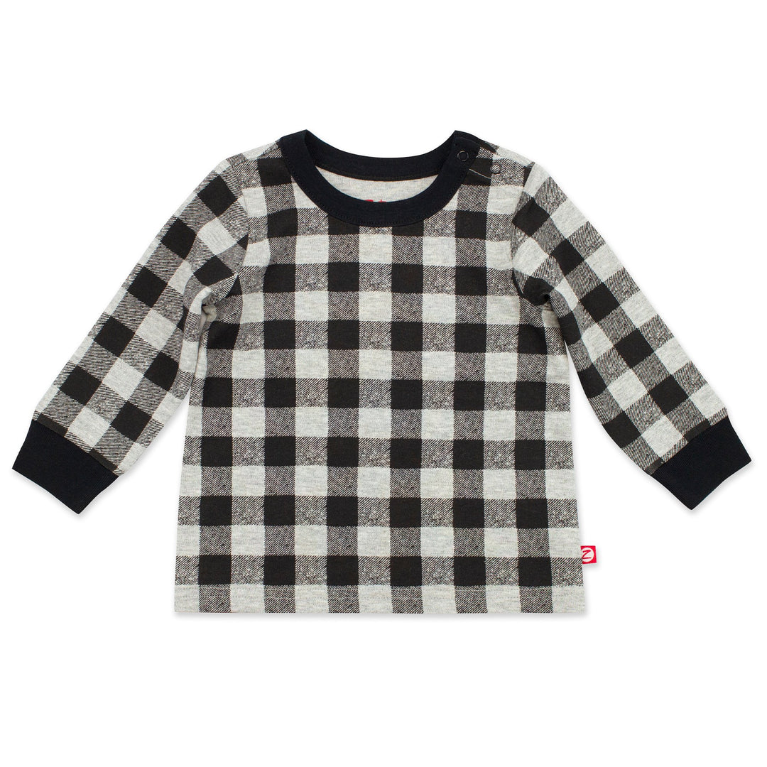 A long sleeve crewneck baby top in a black and gray buffalo check pattern.