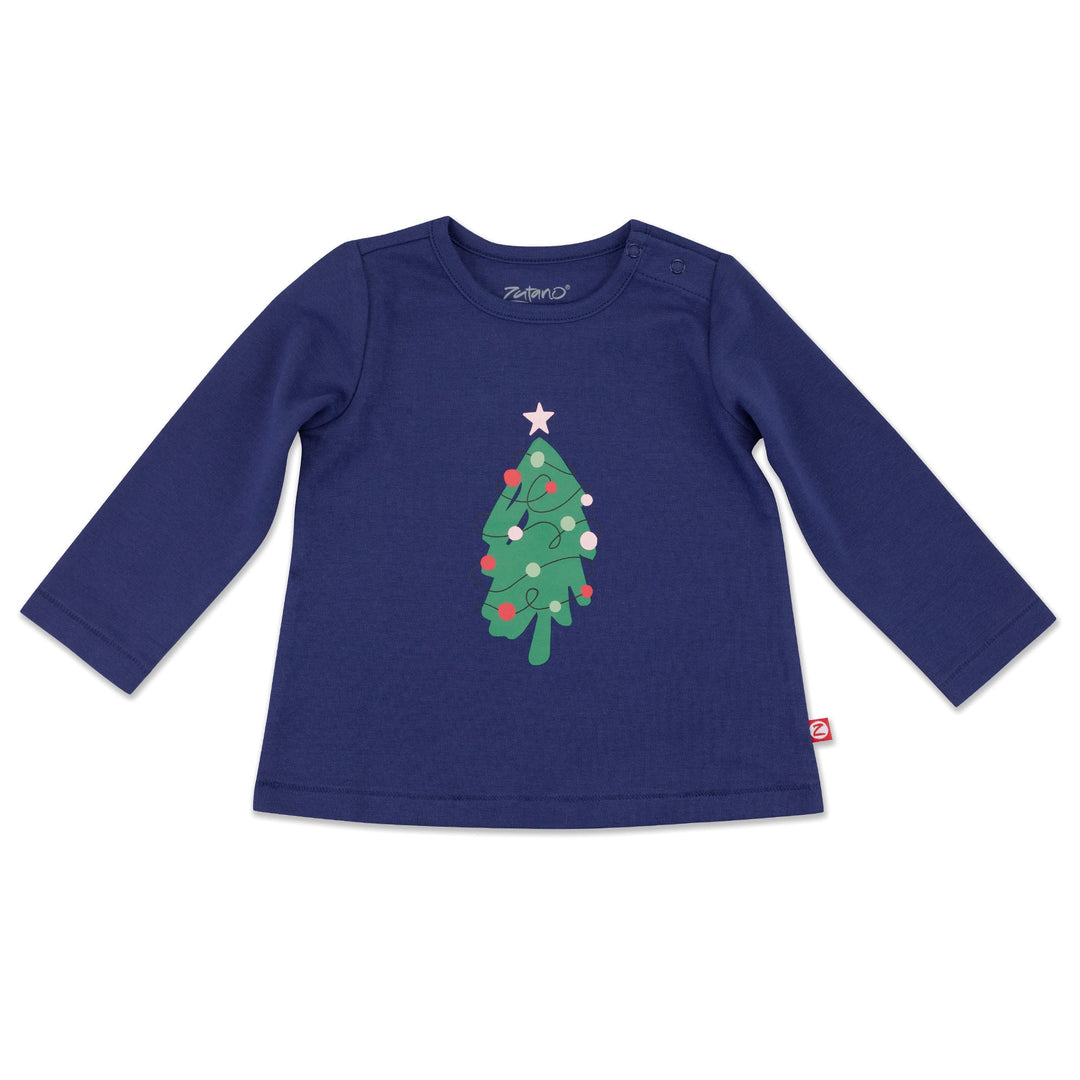 A long sleeve navy baby girl top with a screen printed Christmas tree on the front.