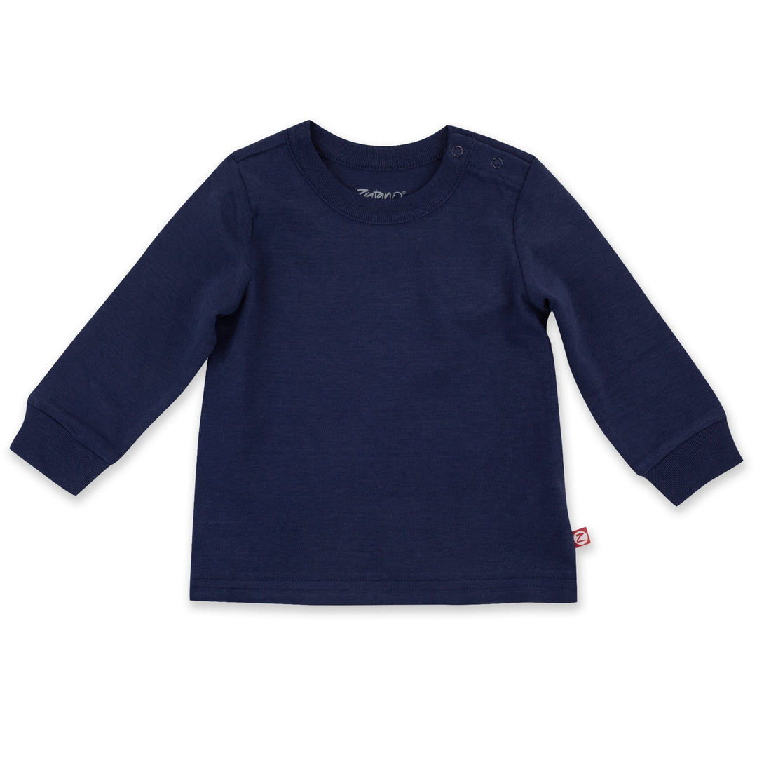 A long sleeve navy crewneck t-shirt for babies.