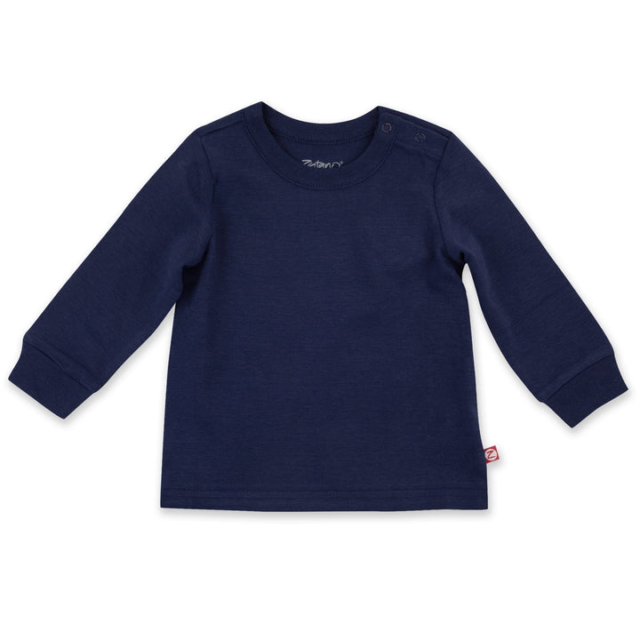 A long sleeve navy crewneck t-shirt for babies.
