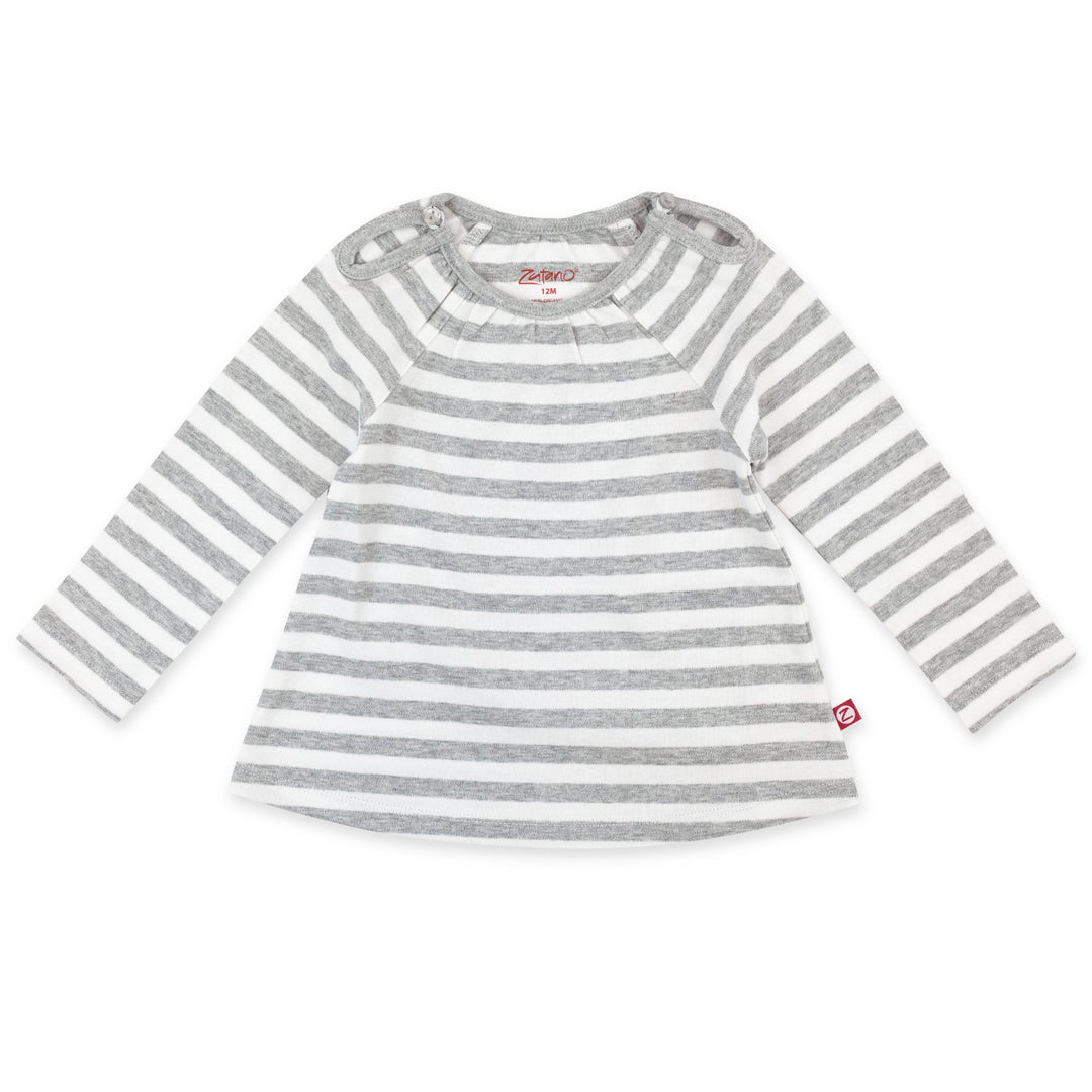 A long sleeve peasant top for babies, featuring heather gray and white horizontal stripes.