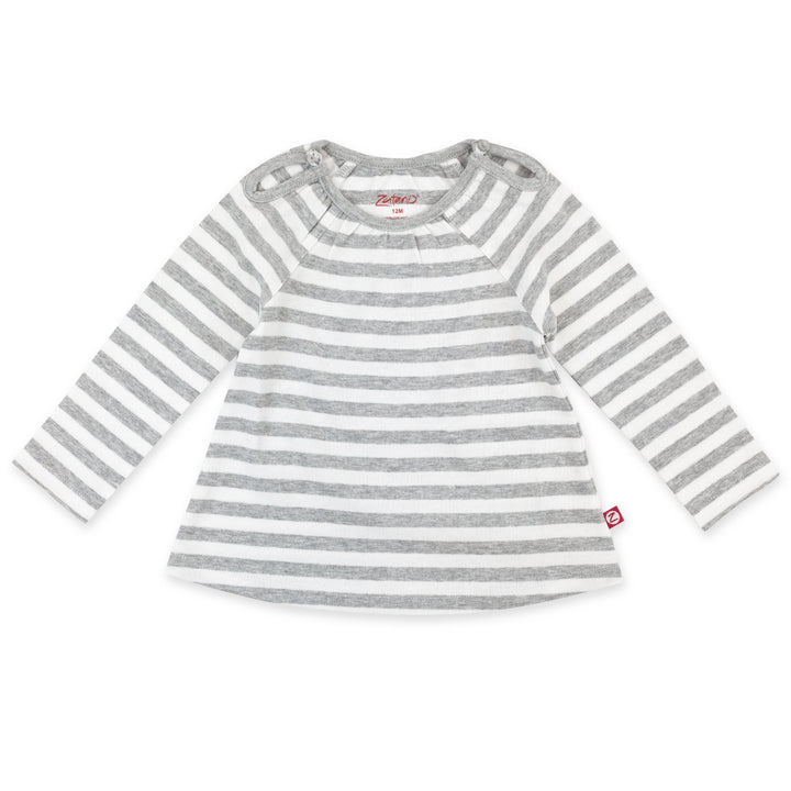 A long sleeve peasant top for babies, featuring heather gray and white horizontal stripes.