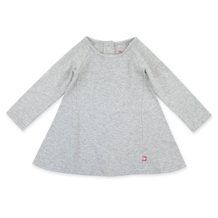 A long sleeve trapeze dress in heather gray color, displayed on a plain background.