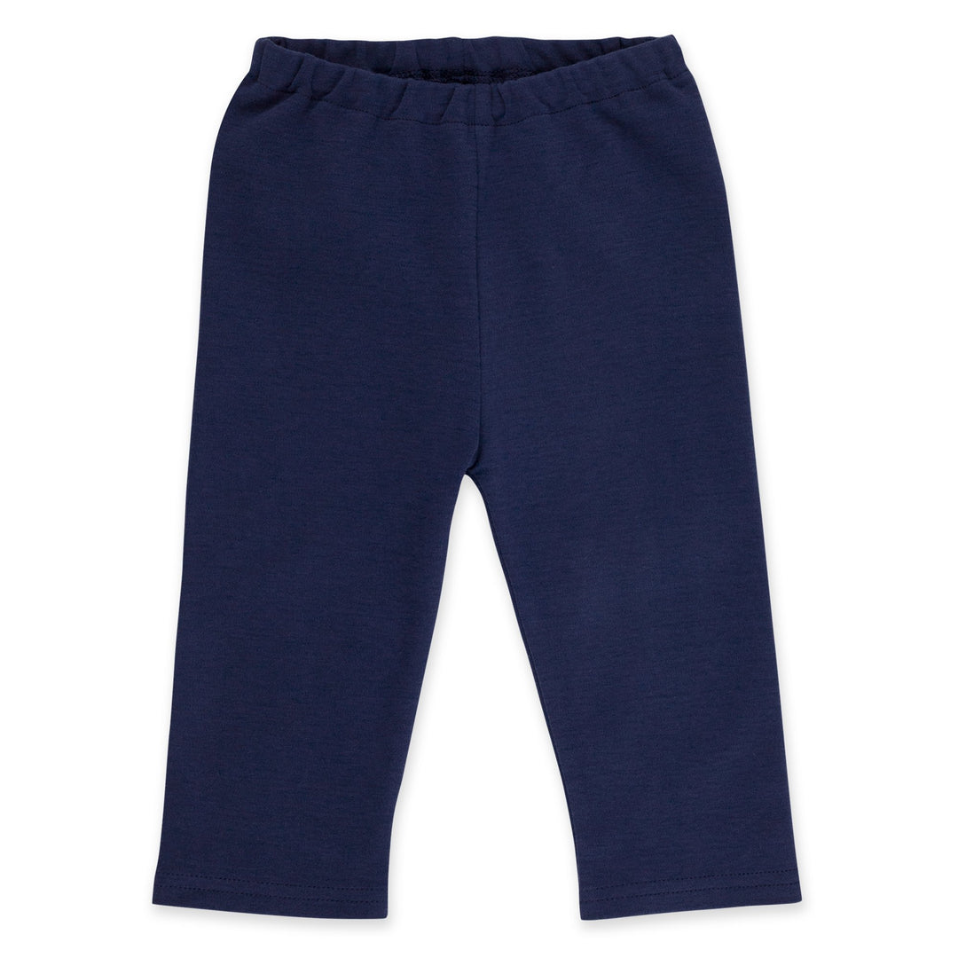 A pair of navy-colored organic cotton baby pants with an elastic waistband, designed for infants.