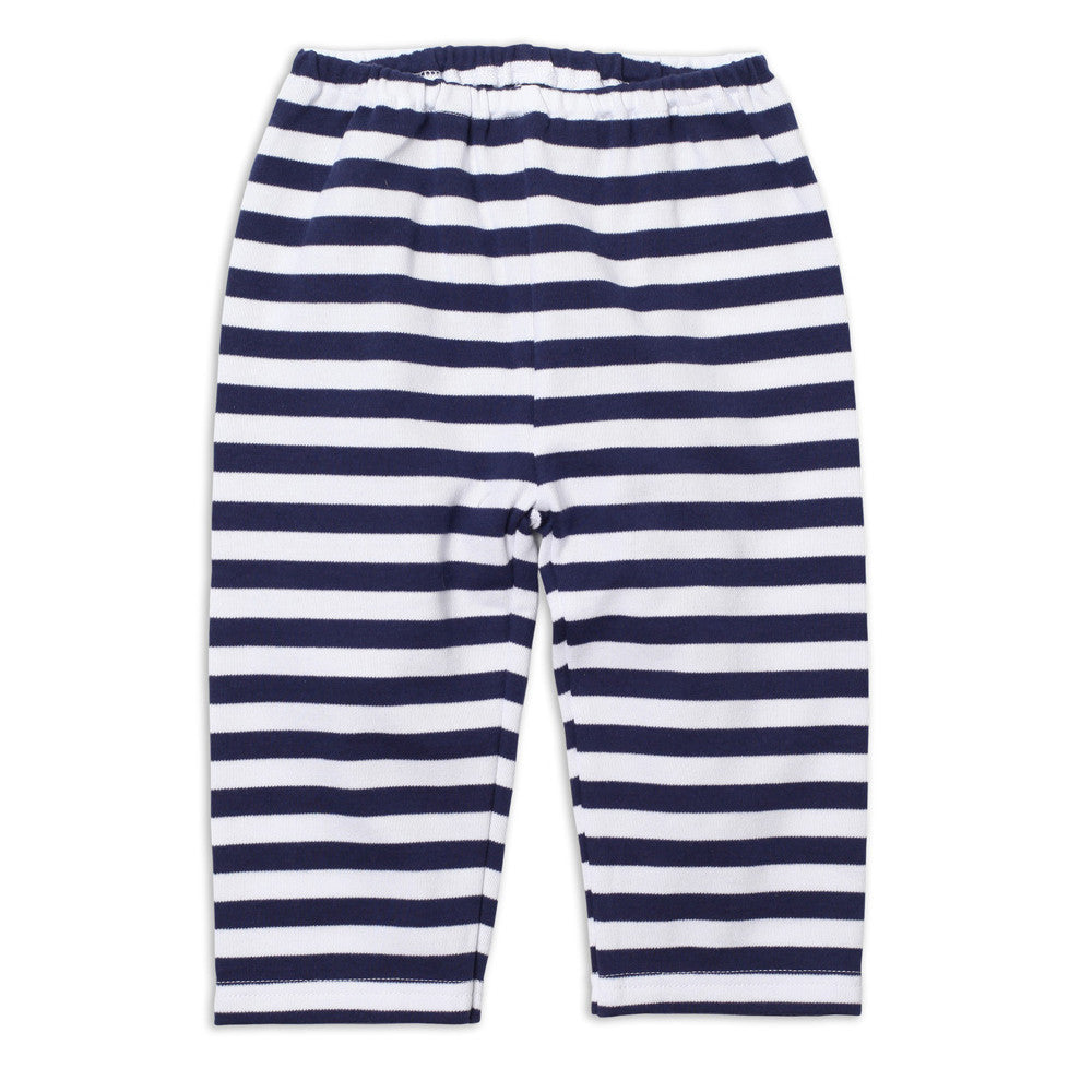 Navy and white striped baby pants with an elastic waistband.
