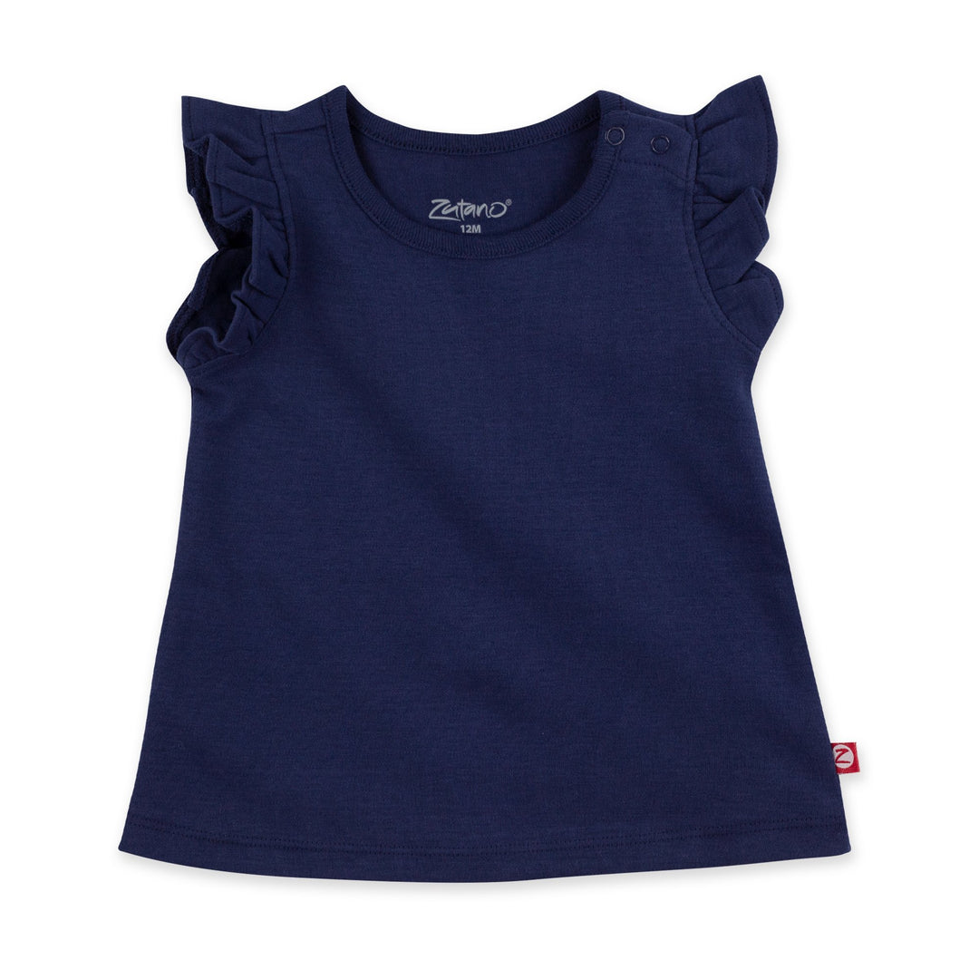 A navy blue organic cotton flutter sleeve top for baby girls with a small brand logo on the bottom right.