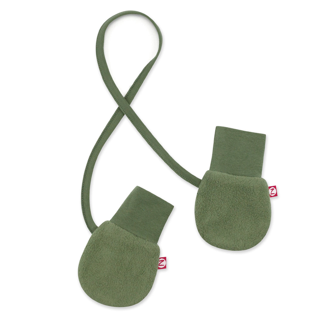 A pair of olive green fleece mittens with a looped string designed to be attached to a jacket sleeve, displayed against a white background.