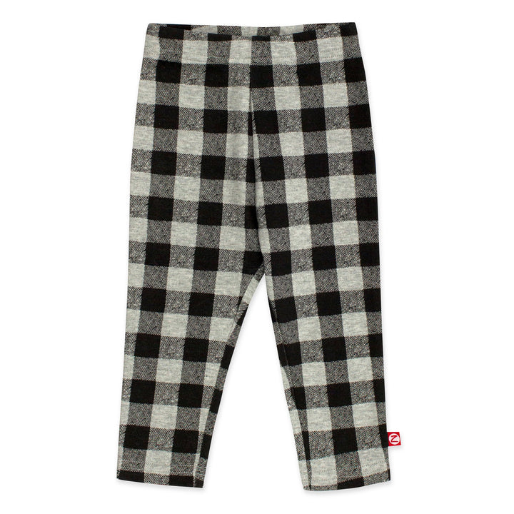 Organic cotton Buffalo Check leggings for kids, featuring a black and gray checkered pattern.